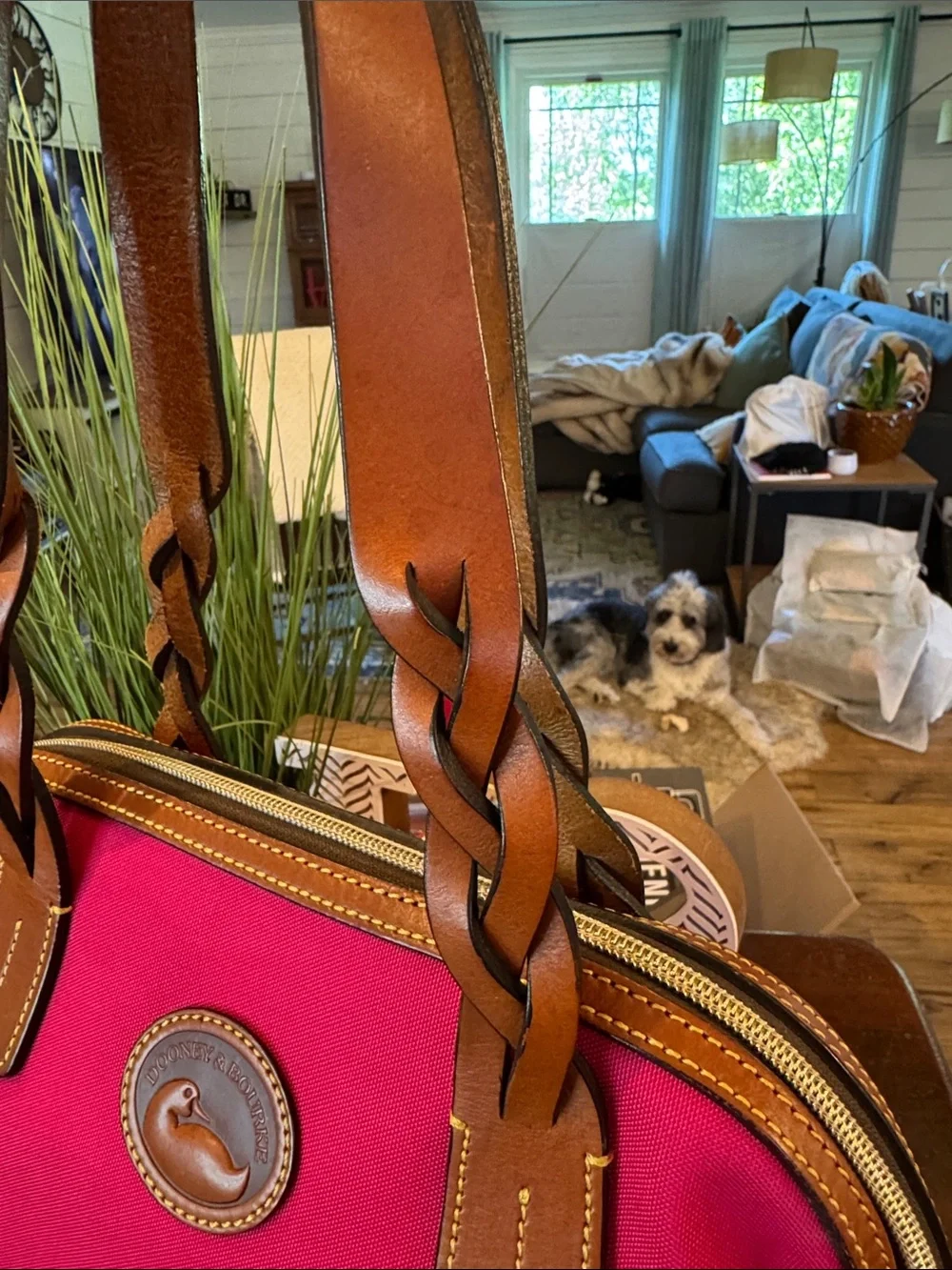 Dooney & Bourke Hot Pink Nylon Satchel with Brown Leather Trim